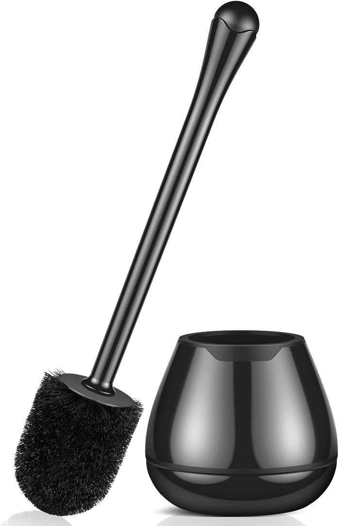 Toilet Brush and Holder with Long Handle, Plastic Holder Easy to Hide, Drip-Proof, Easy to Assemble, Deep Cleaning (Black)