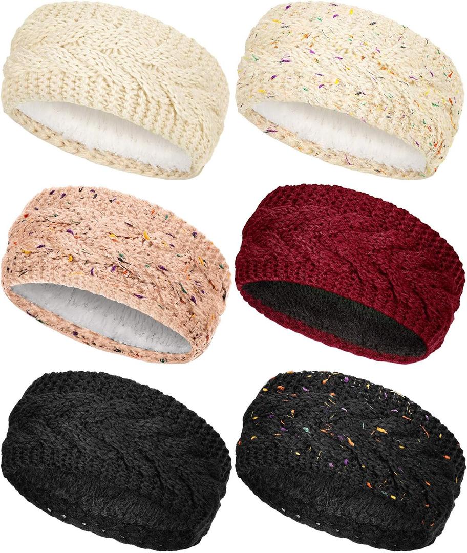 WILLBOND 6 Pack Women Winter Headbands Ear Warmer Fuzzy Fleece Lined Bulk Knit Thick Warm Crochet Ear Muffs Headband Gifts, 6 Colors