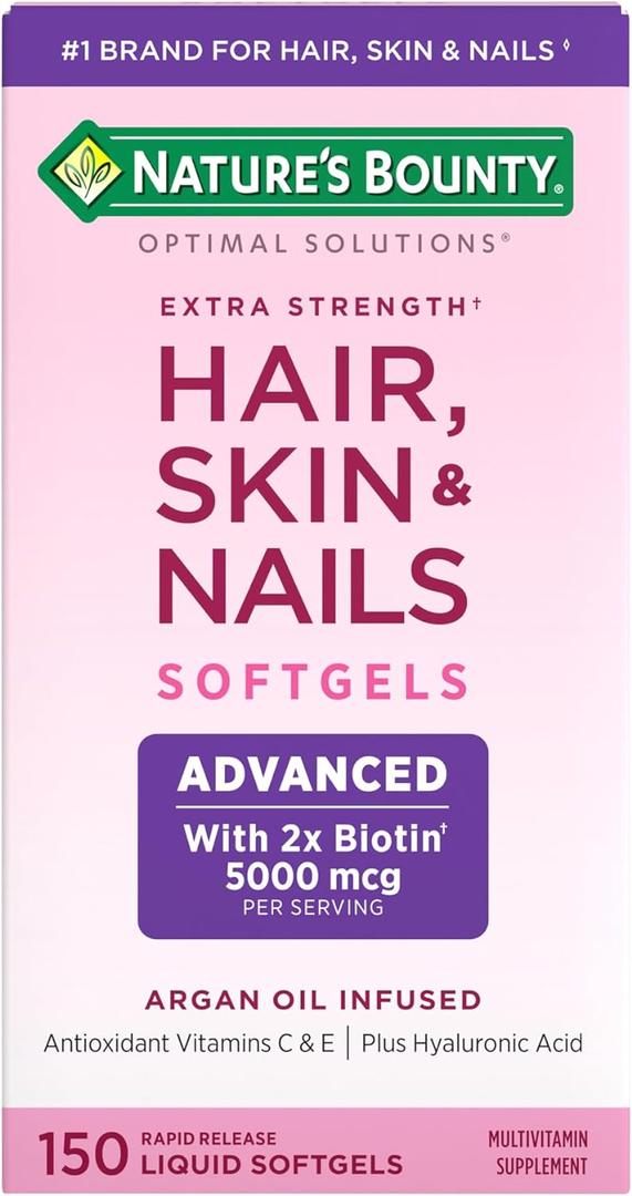 Nature's Bounty Advanced Hair, Skin & Nails, Argan-Infused Vitamin Supplement with Biotin and Hyaluronic Acid, 150 Rapid Release Softgels, 50 Total Servings (EXP 12/01/26)