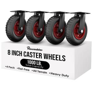 Houseables 8 Inch Caster Wheels, Rubber Wheels, Outdoor Casters, Heavy Duty, Large, Swivel, for Cart, Off Road, Offroad, All Terrain, Flat Free Tire, No Flat, Industrial, Castor, Dolly, Coop, Set of 4
