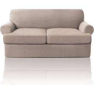 PrinceDeco T Cushion Loveseat Slipcover 3 Pieces Sofa Covers for T Cushion Sofa Stretch Slip Covers for 2 Cushion Couch with 2 Individual T Shape Seat Covers Width Up to 76" - Washable, Sand 2 Cushion Loveseat