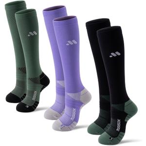 Compression Socks for Women and Men,Knee High 15-20mmHg Graduated Circulation Support(3 Pairs)for Nurses,Pregnant,Travel (Small, A05-black/Purple/Green)