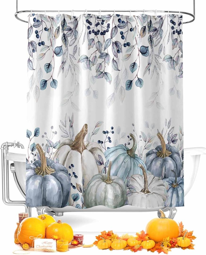 Thanksgiving Blue Pumpkins Fabric Shower Curtain, Autumn Watercolor Leaf Decorations Funny Shower Curtains for Bathroom Set with Hooks, Waterproof & Washable Bath Curtains Fall Decor 72x72 inch