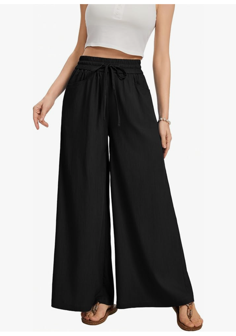 Pants Women Elastic Drawstring Waisted Palazzo Cropped Trousers Baggy Slacks with Pockets, Black , L