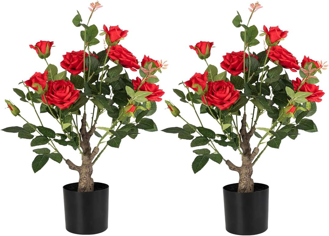 Artificial Rose Flower Trees 2 Pack- 24 Lifelike Plant in Pot with Red Flowers Decorative Rose Trees for Home, Office, Wedding, and Event Decor, Red
