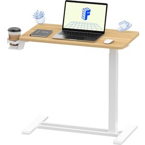 FLEXISPOT H7 Adjustable Overbed Bedside Table with Wheels Pneumatic Mobile Standing Desk Laptop Desk Rolling Computer Cart Movable Overbed Table Hospital Home Use(27.6" W x 15.7" D, Maple Table) (Small)
