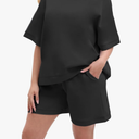 Women's 2 Piece Shorts Set Summer Casual Loungewear with Short Sleeve Oversized Top Wide Leg Pants with Pockets Size L