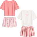 US Angels Girls Pajamas Sets- 4-Piece Cute Short Sleeve & Shorts PJ Set, Pink Girls Sleepwear, Kids Pajamas Sizes 5-16