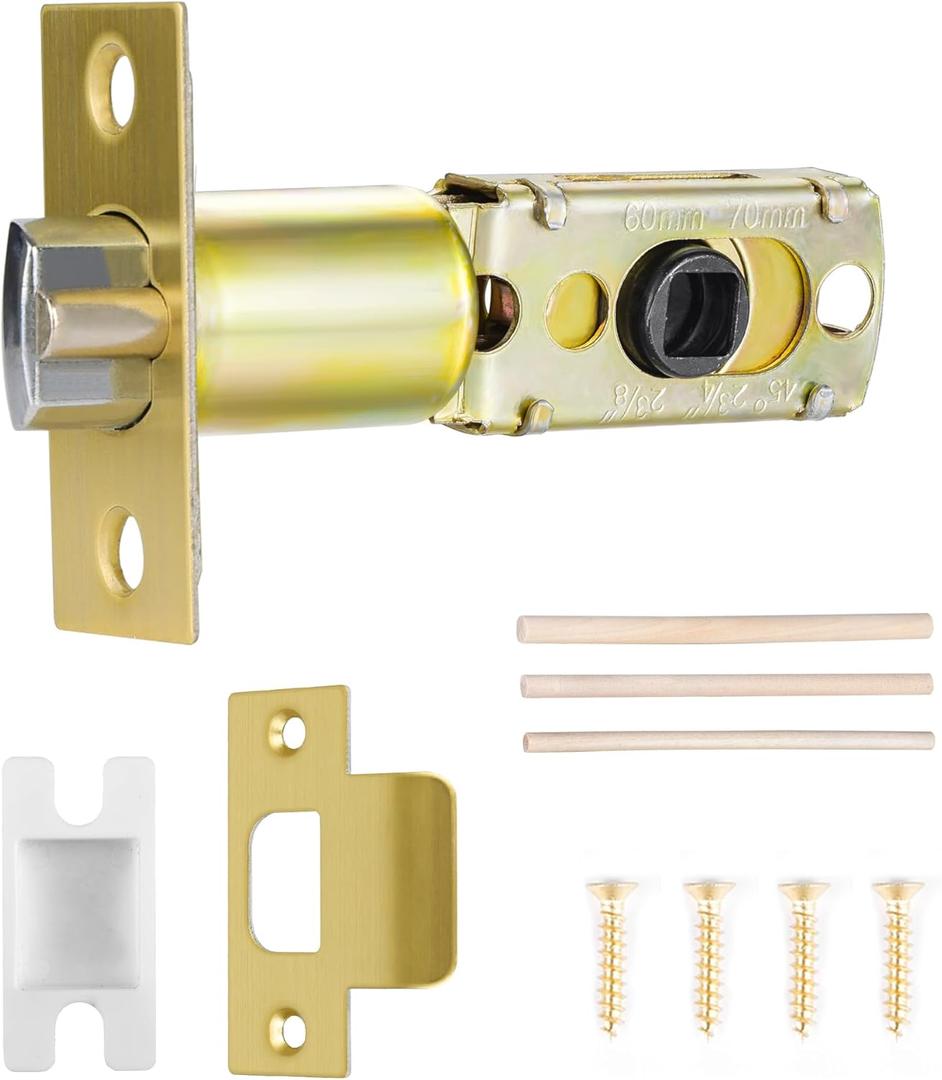 Adjustable Deadlatch Size 60/70mm 45Turning Angle Square Hole 7.6mm Suitable for Keyed Entry Door Knob/Handle, Door Lock Replacement Parts with Door Strike Plate, Gold/Brass