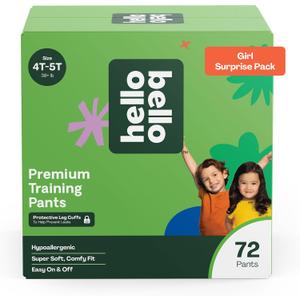 Hello Bello Premium Training Pants, Size 4T-5T (38+ lbs) Surprise Pack - 72 Count, Hypoallergenic with Soft, Cloth-Like Feel - Assorted Patterns for Girls (4T-5T (72 Count), Surprise Pack - Girls)