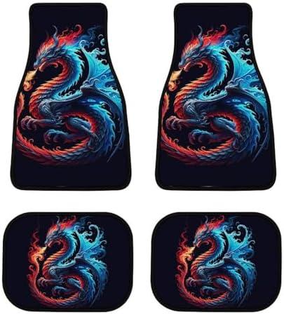 JOJOART Blue Red Fire Dragon Car Floor Mat Set 4 for Women Men Funny Full Coverage Carpet Car Interior Decor for Truck Van Universal Non-Slip Rubber Floor Mats Automotive Accessories