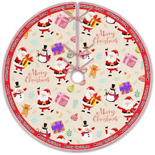JQF Red Santa Snowmans Christmas Tree Skirt, Cute Winter Merry Christmas Tree Skirt, Xmas Red Tree Mat Ornaments for Winter New Year Home Party Holiday Indoor Outdoor Decor, 36 Inch