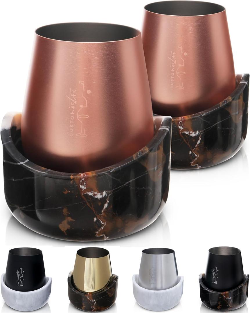 Gusto Nostro Marble Wine Chiller for Glass and Stainless Steel Tumbler Set of 2 - Wine Glass Chiller Holder for Freezer - Cool Set Chillers & Stemless Wine Metal Tumblers for Home,Bar (RoseGold Black)