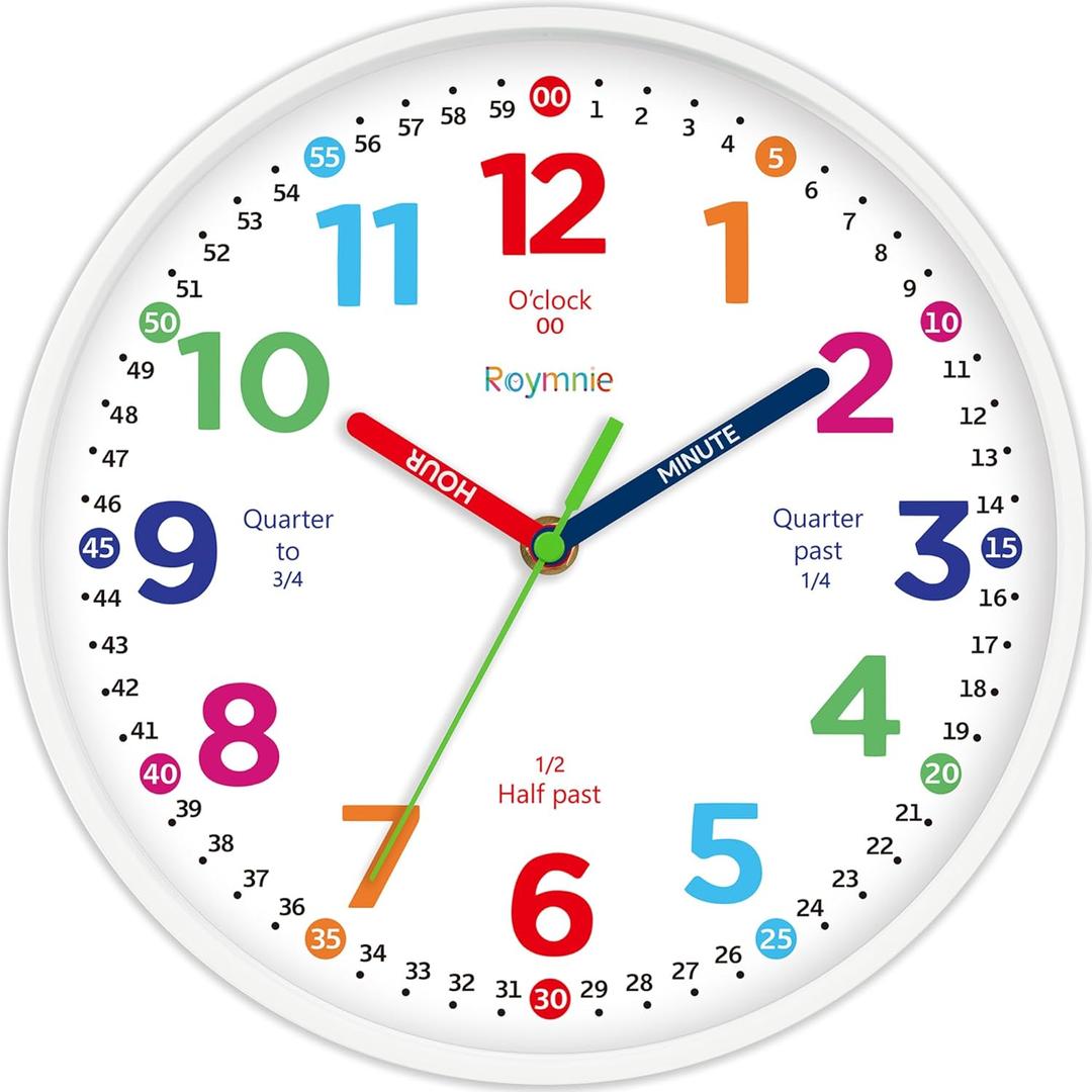 Roymnie Wall Clock for Kids Learning to Tell Time Non Ticking Battery Operated Kids Teaching Clock Small Teaching Time Clock Decorative for Kids Room Classroom School (8 Inch) (White Grain)