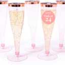 Prestee Set of 24 Plastic Champagne Flutes Disposable - Silver Glitter Pink Champagne Glasses with Rose Gold Rim, Elegant Toasting Cups for Weddings, Cocktail Parties, New Year's Celebrations, Pack of 4 (24 Count - Pack of 1), Rose Gold Rim/Glitter)