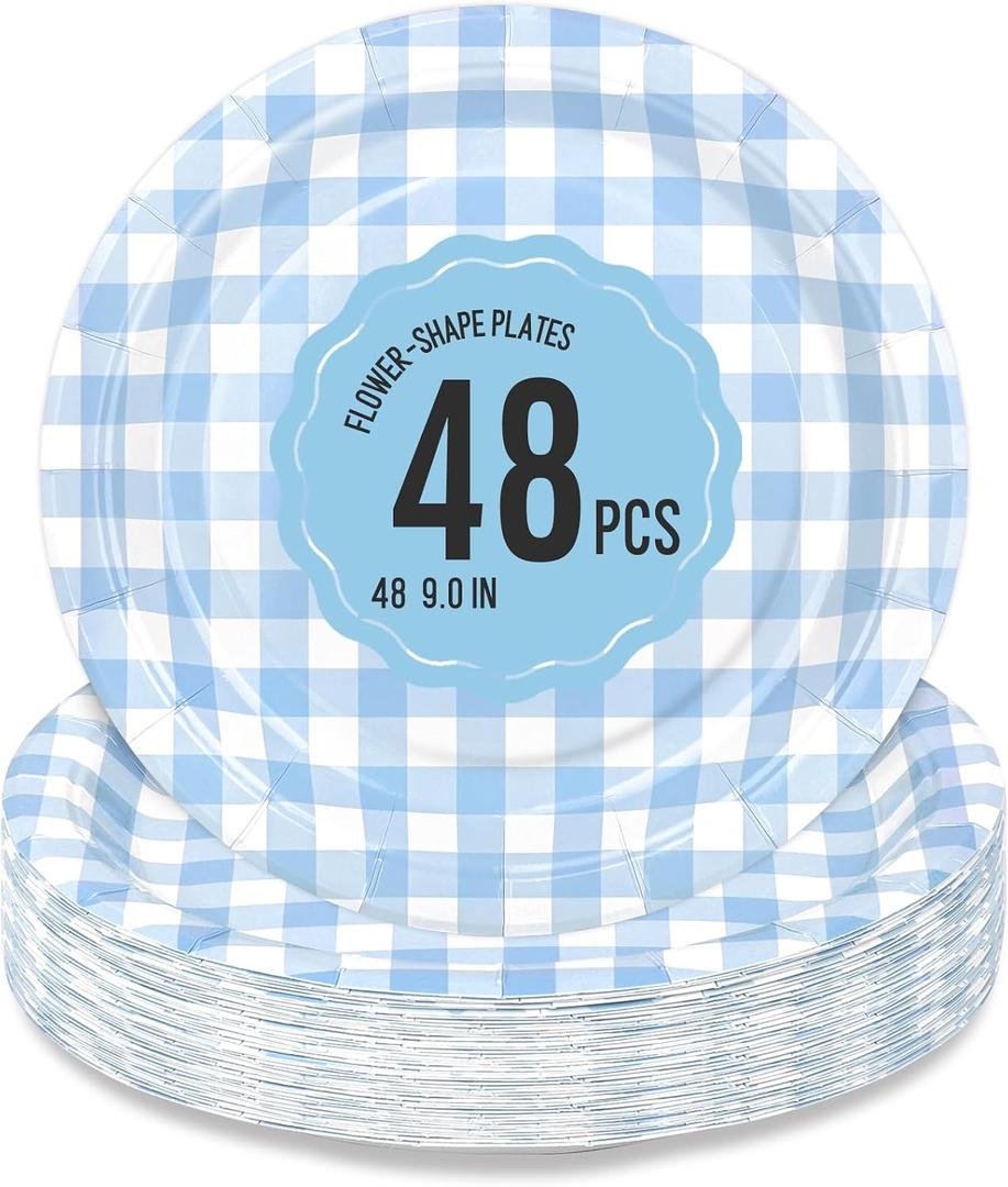 48 Pcs Gingham Party Supplies Blue Paper Plates - 9 Inches Disposable Plaid Decorative Dinner Dessert Serving Plates - For Baby Shower Wedding Birthday Party