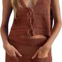 Saodimallsu Womens Crochet Swim Cover Up 2 Piece V Neck Sleeveless Front Tie Crop Tops Beach Mini Skirt Coverup Set