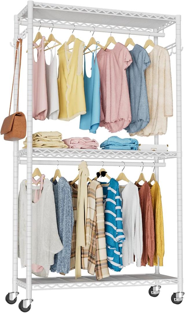Clothes Rack, Clothing Rack for Hanging Clothes, 3 Tiers Adjustable Heavy Duty Closet Organizer with Wheels | Double Rods | Side Hooks | Load 445lbs | 35.43" L x 15.7" W x 78.34" H | White