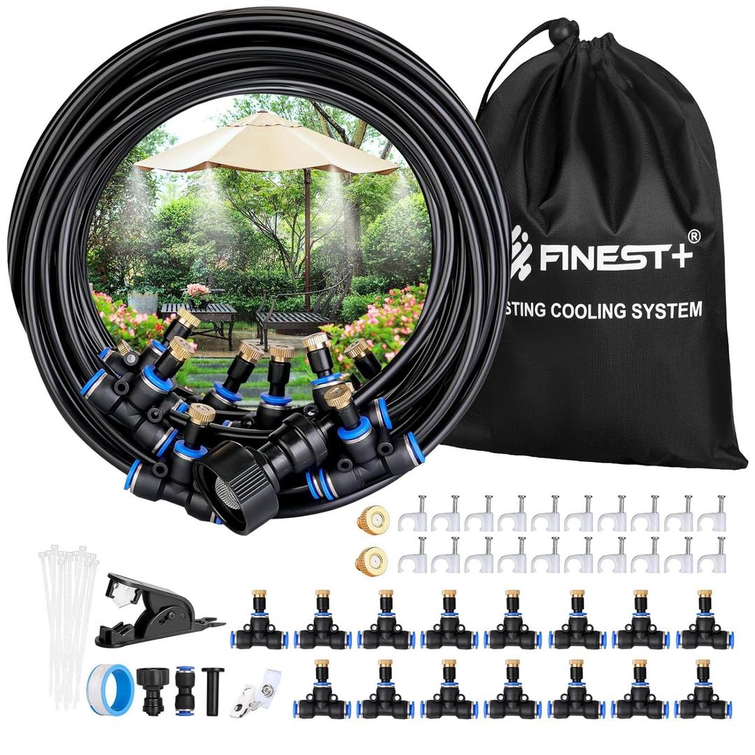 Misting Cooling System 33FT(10M)+Extra 16.4FT(5m),15 T-Joints+17 Misting Nozzles, Anti-UV Tube, a Adapter(3/4"),A Storage Bag, Outdoor Misting Cooling System Garden Greenhouse Courtyard Trampoline