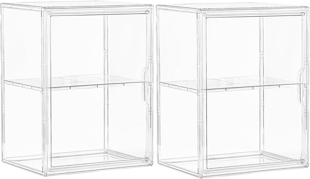 Acrylic Display Case for Collectibles, Clear Storage Bin with 3 Adjustable Layers and1 Removable Divider, Stackable Clear Storage Box With Magnetic Door for Figures, Home or Office,Large,2Pack