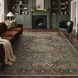 Bavni Washable Rugs 8x10 Area Rug for Living Room Bedroom, Print Vintage Aesthetic Chenille Carpet Rug, Ultra-Thin Low Pile Rugs for Dining Room Home Office with Non Slip Backing, Brown