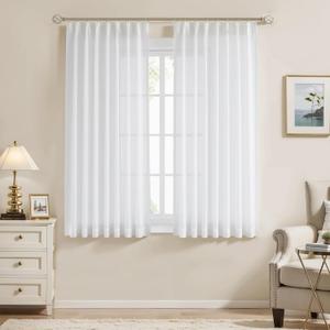 WEST LAKE 63 Inches Short White Pinch Pleat Sheer Curtains,Farmhouse Linen Textured Drapes,Rustic Window Treatment Sets for Bedroom Living Room,40" Wx63 L,2 Panels