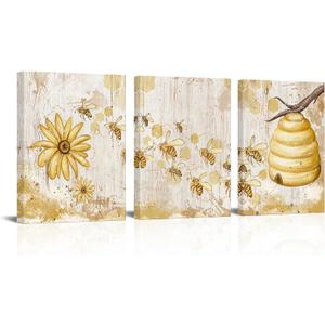 FuShvre Vintage Yellow Wall Art Honey Bee Canvas Painting Picture Bee and Flower Daisy Artwork for Kitchen Farmhouse Decor Framed 12"x16" Each (Small, White)