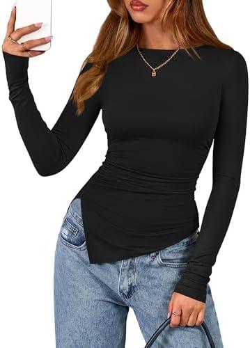 BTFBM Asymmetrical Tops for Women Long Sleeve Shirts Fall 2025 Ruched Slit Fitted Basic Tees Y2k Going Out Tunic Top Medium