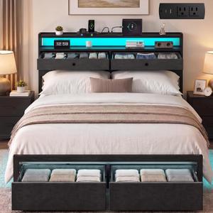 Queen Bed Frames with LED Lights and Charging Station, Platform Bed with Metal Slats, Wood Headboard with 2 Fabric Drawers and Storage Shelves, No Box Spring Needed