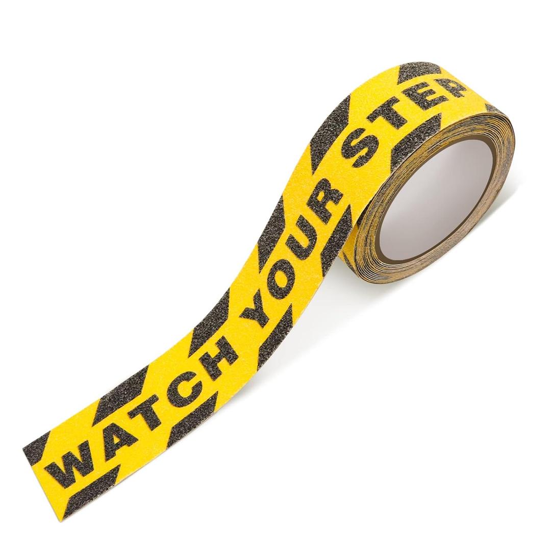 4 x Huakaile Watch Your Step Caution Tape 1.97in x 16.4Ft, Non Skid Tape Yellow Black Waterproof, Anti-Slip High Traction Safety Grip Tape for Stairs Steps Ladder, Indoor Outdoor Treads (A)
