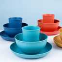 LIYH 32 Pcs Wheat Straw Dinnerware Sets - Plastic Plates and Bowls Set,Reusable Plastic Plates,Dishes Set for 8,Unbreakable & Dishwasher Dinnerware Stes,Thanksgiving Halloween Fall Decor (Yellow Orange Blue Nave Blue)