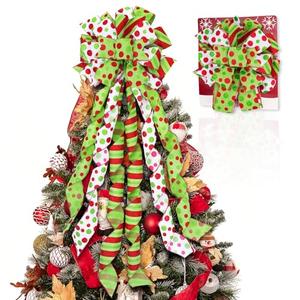 Shzbtdo Large 45"x13" Christmas Tree Topper Bow, Green Tree Topper Christmas Decoration, Red & Green Polka Dot Polyester Ribbon Bow for Christmas, Xmas Ornament Holiday Home Indoor/Outdoor, Pack 2