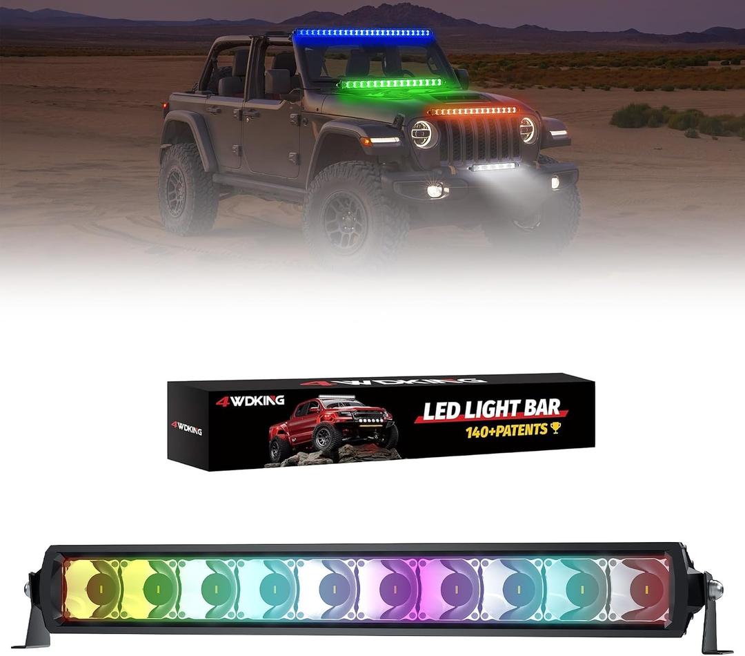 4WDKING App Control RGB LED Light Bars for Jeep Pickup ATV UTV Motorcycle Cars with Bracket and Wire,IP68&IP69K Waterproof Multi-Color Screwless Dual Row Offroad Fog/Driving LED Spot Light (20 inch)