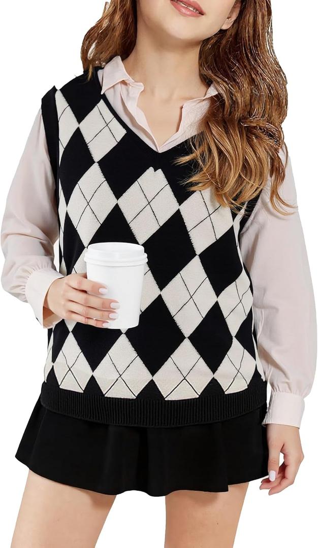 SELINK Boys Girls School Uniform Sweater Vest V Neck Soft Comfy Pullover Trendy Argyle Knitted Waistcoat Vest (10-11 Years, Black)