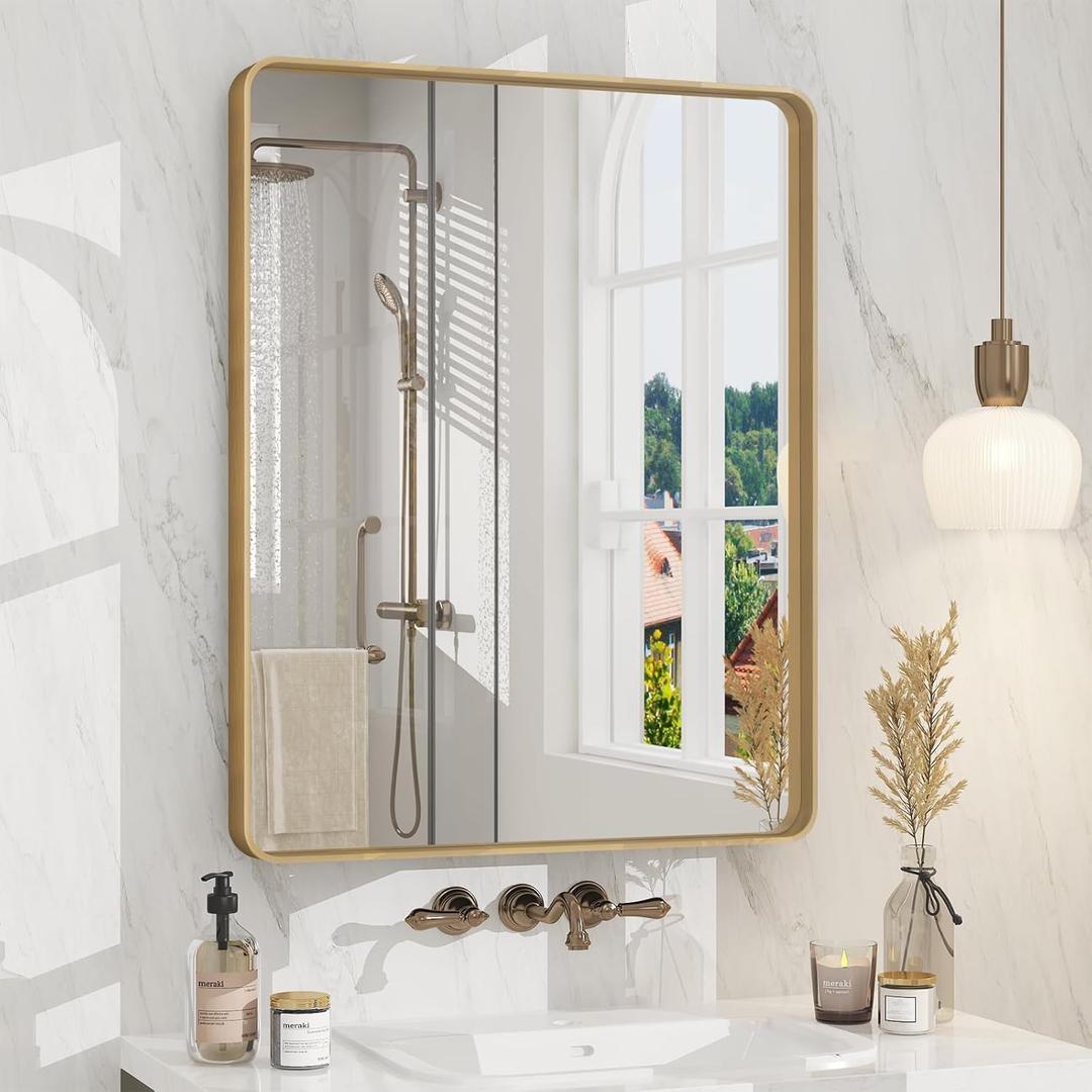 24x30 Gold Bathroom Mirror, Rounded Rectangle Gold Frame Mirror, Brushed Gold Brass Bathroom Vanity Mirror Wall-Mounted, Anti-Rust, Hangs Horizontally or Vertically