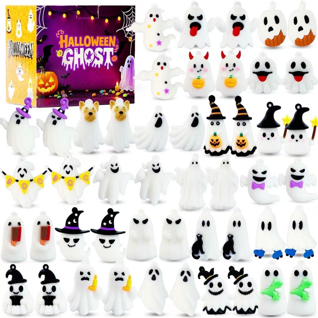 48Pcs Halloween Mini Ghosts Figures Little Ghost Figures,Little Silicone Ghost Figurines to Hide and Seek Trick or Treat Gifts for Halloween Party Favors Dollhouse Decorations Toys