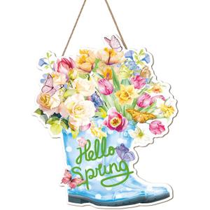 Hello Spring Door Signs,Spring Door Hanger,Flower Welcome Sign,Garten Flower Hanging Decor,Butterfly Floral Boots Wood Decor for Outdoor Indoor Farmhouse Yard Porch Easter Decoration Gift