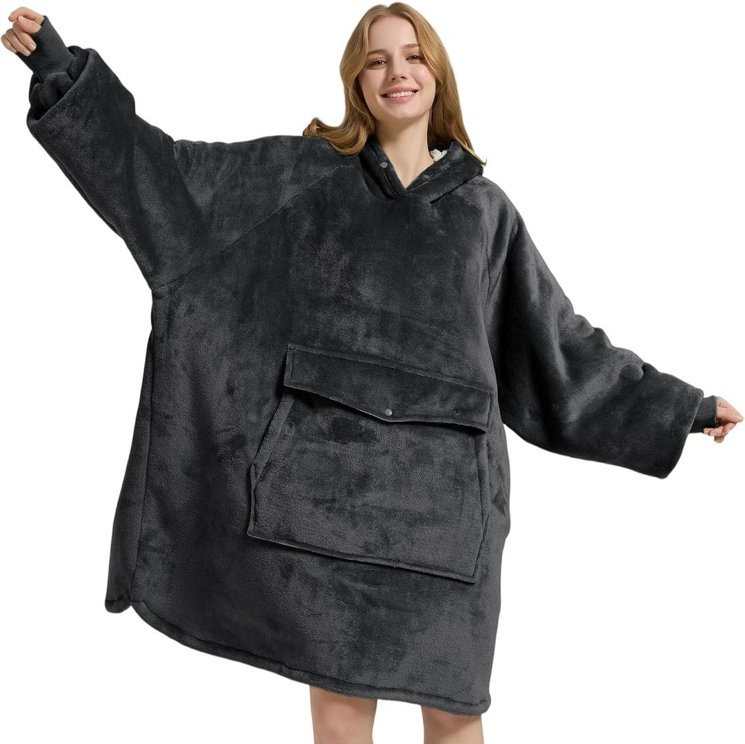Krifey Wearable Blanket Hoodie, Oversized Sherpa Fleece Sweatshirt with Giant Pocket, Birthday Gifts for Women, Mom, Sister, Dark Gray