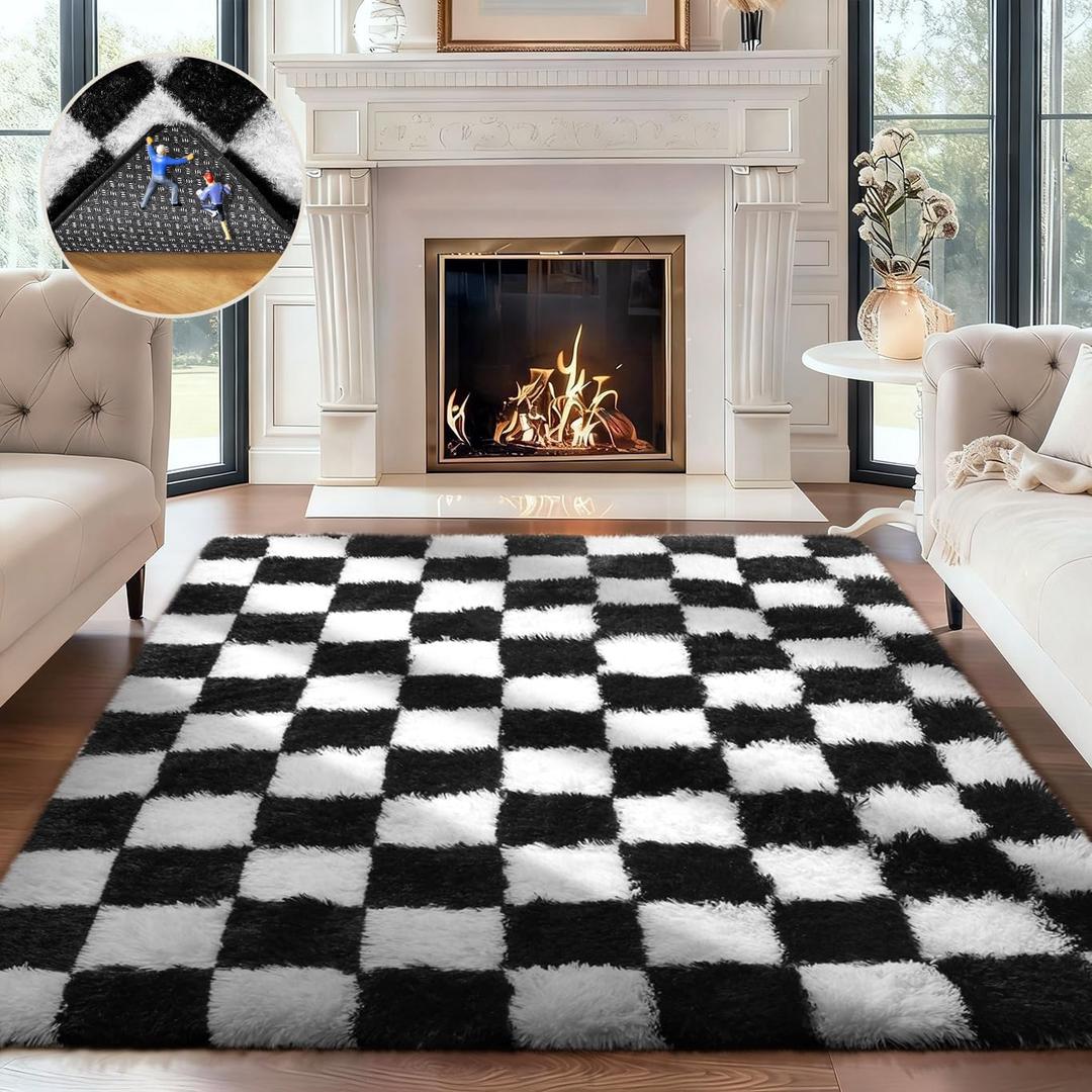 Ophanie Checkered Black & White Rug for Living Room Bedroom, Fluffy Soft Cute Fuzzy Area Rugs, Shag Plush Shaggy Bedside Floor 4x6 Furry Carpet for Kids Baby Teen Dorm Nursery Home Decor Aesthetic