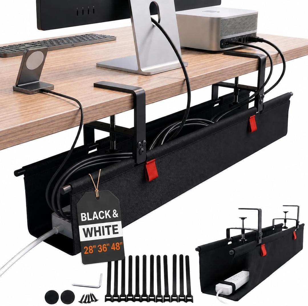 Under Desk Cable Management Tray 36" No Drill Clamp-On Cord Organizer for Desk with Built-in Ties, Heavy Duty Metal Clamp, Foldable 600D Oxford Fabric for Home Office, WFH & Gaming PC Setup (Black)
