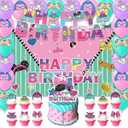 42pcs Surprise Birthday Decorations Cartoon Doll Baby Shower Party Supplies Disposable Birthday BannerCake TopperBlackdrop and Balloons Surprise Party Decoration