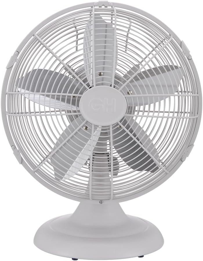 Good Housekeeping 92602 All-Metal 12" Retro Desk Office Table Fan with Wide Oscillation, 3-Speed Settings & Carrying Handle, Matte White