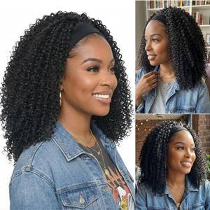 Kinky Curly Headband Wig for Black Women Glueless Afro Curly Synthetic Wig with Adjustable Headband Natural Hairline Soft Full Volume Easy Daily Wear (Natural Black)