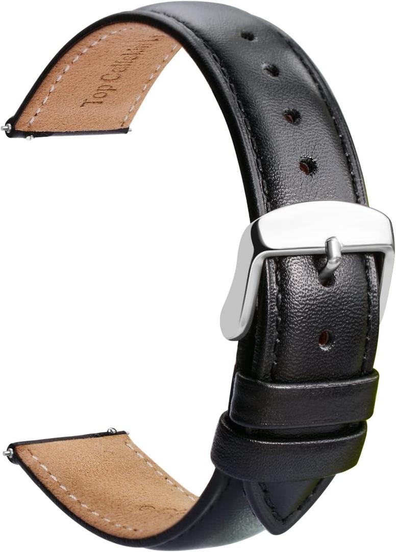 TStrap Leather Watch Band Men - Black Quick Release Watch Strap for Women Replacement - Soft Smart Watch Bracelet with Clasp Buckle for ladies - 14mm 16mm 18mm 19mm 20mm 21mm 22mm 23mm 24mm