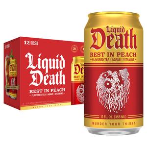 Liquid Death, Rest in Peach Iced Tea, 12-Pack (12 oz Cans), Peach Flavored Back Tea, Low Calorie, No Artificial Sweeteners, B12 & B6 Vitamins, BB 01/14/2027