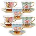 Teenyyou Set of 6 Tea Cups and Saucers Tea Party Decorations Floral Porcelain 5.4 oz British Gift for Women Birthday Party, Church, and Mother's Day (Classic Style)