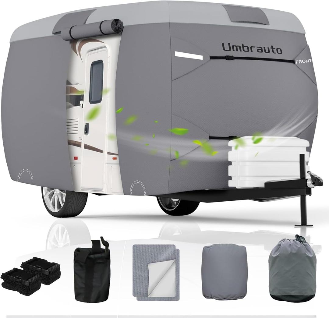 Umbrauto Fiberglass Travel Trailer Cover Fits 11'-13' Trailers, 2023 Upgraded 7 Layers Top Camper RV Cover with Windproof Strap,Adhesive Repair Patches