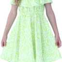 Girls Summer Hawaiian Dress Floral Halter Neck Cold Shoulder Sleeveless Beach Sundress 1-12 Years (Green)