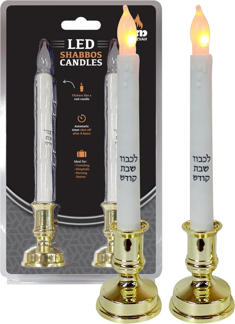Ner Mitzvah LED Shabbat Candles - Battery Operated Flameless Candles - LED Candlesticks with Automatic Timer