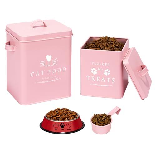 Meraki Home Cat Food Container and Treat Container - Tight Lids - Feed Scoop and Pet Food Bowl - Farmhouse Metal Storage Bin - Great Gift for Small Pets - Matte Pink